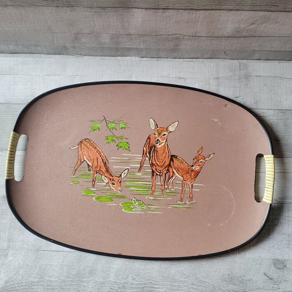 Vintage MCM Serving Tray With Deer at Frog Pond - Brown & Cream Handles Tilso